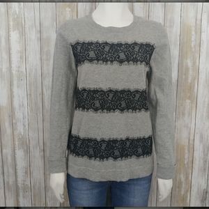 J.Crew Gray Teddy Sweater Black Lace Stripes. E157